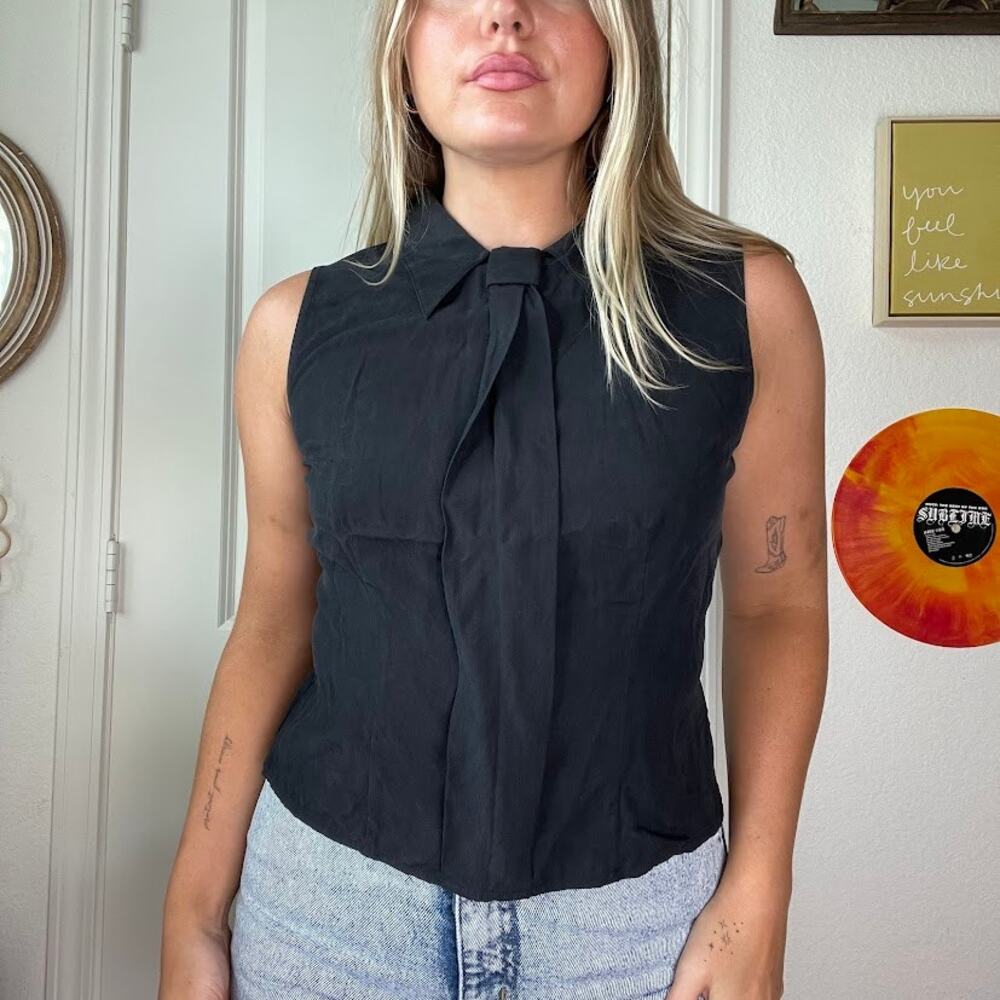 Vintage 90s Y2K Jonathon Martin Black Tie Silk Collared Button Closure Top Sz S